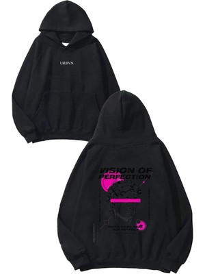 Urbvn Vision 1 Tasarım Baskılı Oversize Siyah Kapüşonlu Sweatshirt