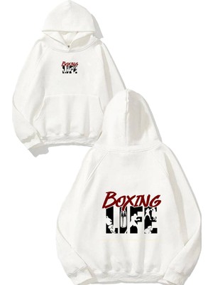 Urbvn Shadow Boxing Tasarım Baskılı Oversize Beyaz Kapüşonlu Sweatshirt