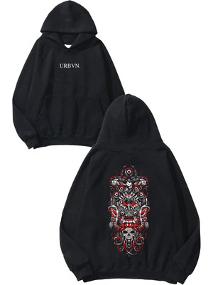 Urbvn Chinese Demon Tasarım Baskılı Oversize Siyah Kapüşonlu Sweatshirt