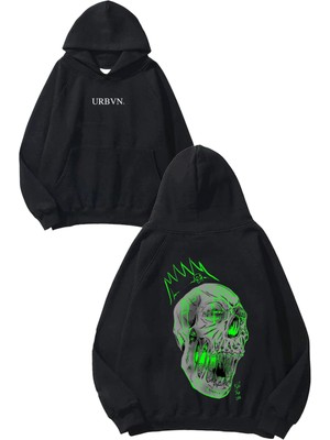 Urbvn King Skull Tasarım Baskılı Oversize Siyah Kapüşonlu Sweatshirt