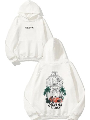 Urbvn Havana Cuba Tasarım Baskılı Oversize Beyaz Kapüşonlu Sweatshirt