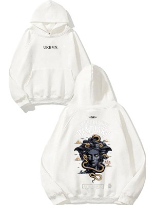 Urbvn Bestiary Tasarım Baskılı Oversize Beyaz Kapüşonlu Sweatshirt