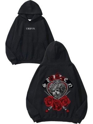 Urbvn Sullen Rose Tasarım Baskılı Oversize Siyah Kapüşonlu Sweatshirt