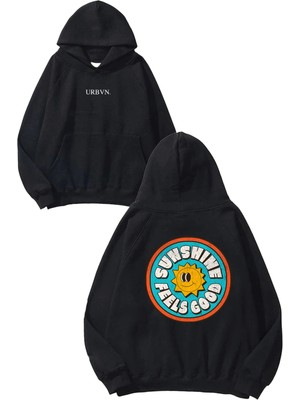 Urbvn Sunshine Tasarım Baskılı Oversize Siyah Kapüşonlu Sweatshirt