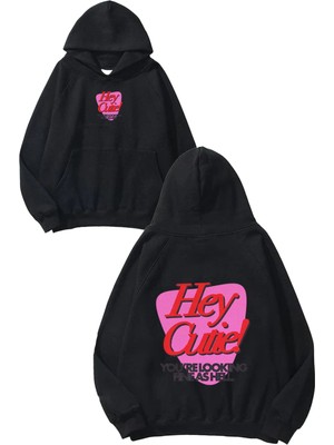 Urbvn Hey Cutie Tasarım Baskılı Oversize Siyah Kapüşonlu Sweatshirt