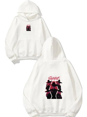 Urbvn Saja Boys Tasarım Baskılı Oversize Beyaz Kapüşonlu Sweatshirt