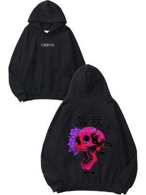 Urbvn Love Me Skull Tasarım Baskılı Oversize Siyah Kapüşonlu Sweatshirt