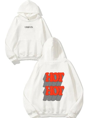 Urbvn Hot Hot Tasarım Baskılı Oversize Beyaz Kapüşonlu Sweatshirt