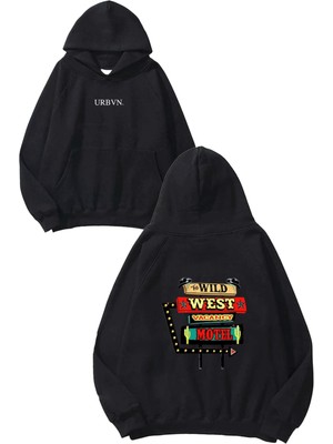Urbvn Wild West Tasarım Baskılı Oversize Siyah Kapüşonlu Sweatshirt