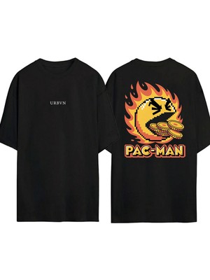 Urbvn Pacman 3 Tasarım Baskılı Siyah Oversize T Shirt