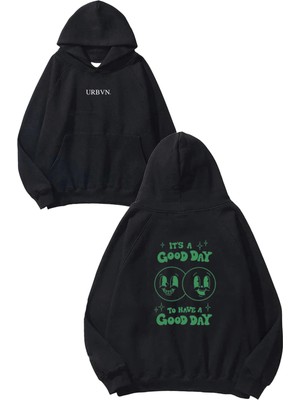 Urbvn Good Day Tasarım Baskılı Oversize Siyah Kapüşonlu Sweatshirt