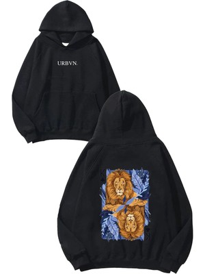 Urbvn King Leon Tasarım Baskılı Oversize Siyah Kapüşonlu Sweatshirt