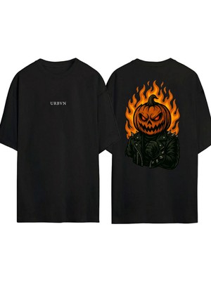 Urbvn Halloween Monster Tasarım Baskılı Siyah Oversize T Shirt