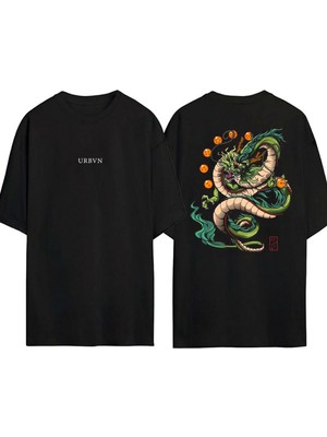 Urbvn Anime Dragon Tasarım Baskılı Siyah Oversize T Shirt