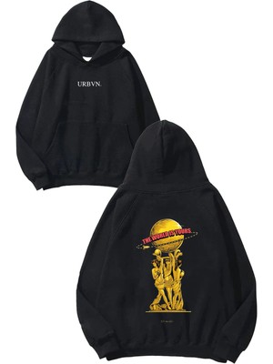 Urbvn World Tasarım Baskılı Oversize Siyah Kapüşonlu Sweatshirt