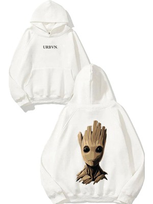 Urbvn Groot Tasarım Baskılı Oversize Beyaz Kapüşonlu Sweatshirt