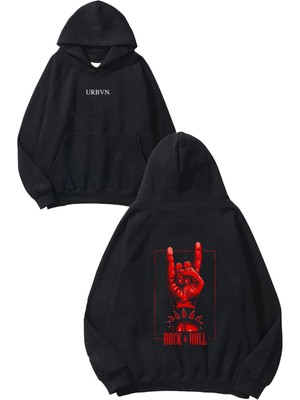 Urbvn Rock Roll Tasarım Baskılı Oversize Siyah Kapüşonlu Sweatshirt