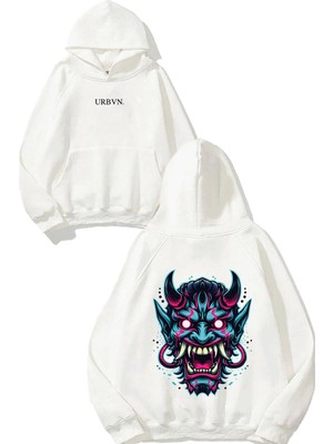 Urbvn Beast Tasarım Baskılı Oversize Beyaz Kapüşonlu Sweatshirt