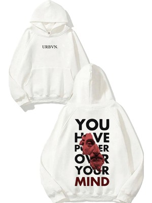 Urbvn Over Mind Tasarım Baskılı Oversize Beyaz Kapüşonlu Sweatshirt