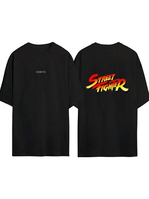 Urbvn Streetfighter Tasarım Baskılı Siyah Oversize T Shirt
