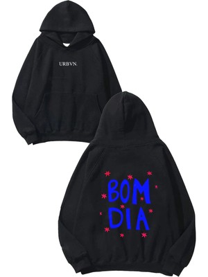 Urbvn Bomdia Tasarım Baskılı Oversize Siyah Kapüşonlu Sweatshirt