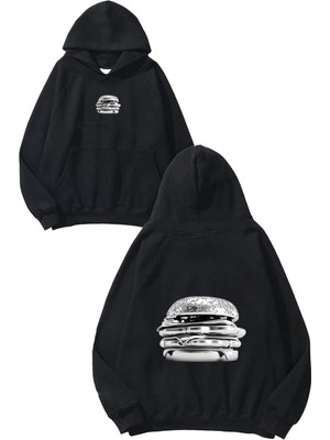 Urbvn Metalic Hamburger Tasarım Baskılı Oversize Siyah Kapüşonlu Sweatshirt