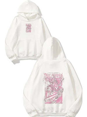 Urbvn True Horror Tasarım Baskılı Oversize Beyaz Kapüşonlu Sweatshirt