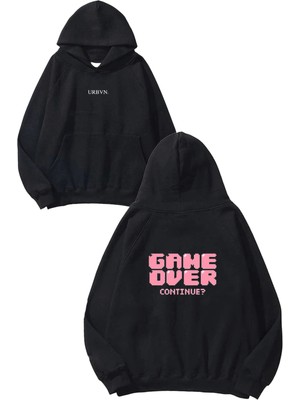 Urbvn Over Tasarım Baskılı Oversize Siyah Kapüşonlu Sweatshirt