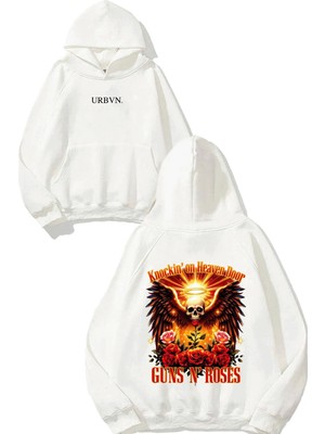 Urbvn Guns N Roses Angel Tasarım Baskılı Oversize Beyaz Kapüşonlu Sweatshirt
