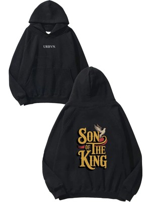 Urbvn King 1 Tasarım Baskılı Oversize Siyah Kapüşonlu Sweatshirt