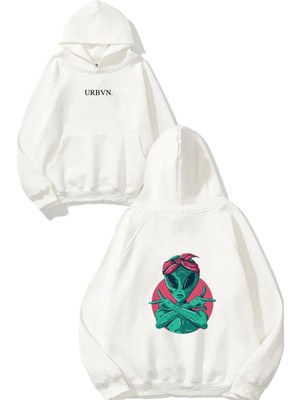Urbvn Hippi Alien Tasarım Baskılı Oversize Beyaz Kapüşonlu Sweatshirt