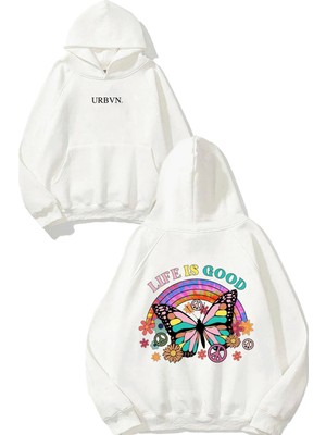 Urbvn Life Is Good Tasarım Baskılı Oversize Beyaz Kapüşonlu Sweatshirt