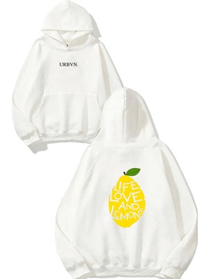 Urbvn Live Love Lemon Tasarım Baskılı Oversize Beyaz Kapüşonlu Sweatshirt