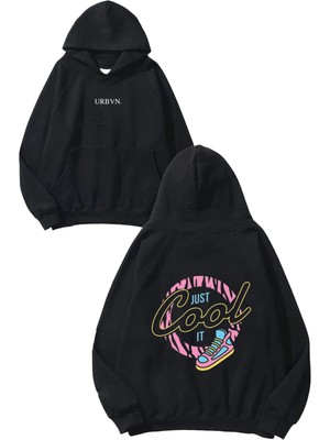 Urbvn Just Cool Tasarım Baskılı Oversize Siyah Kapüşonlu Sweatshirt