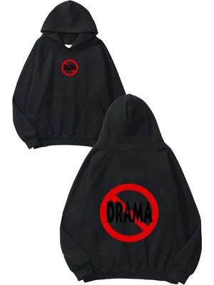 Urbvn No Drama Tasarım Baskılı Oversize Siyah Kapüşonlu Sweatshirt