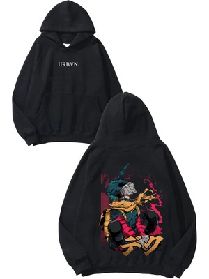 Urbvn Anime Green Hair Tasarım Baskılı Oversize Siyah Kapüşonlu Sweatshirt