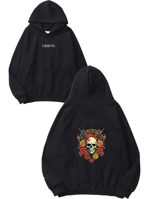 Urbvn Guns Skull Tasarım Baskılı Oversize Siyah Kapüşonlu Sweatshirt