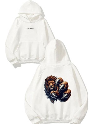 Urbvn Aslan Tasarım Baskılı Oversize Beyaz Kapüşonlu Sweatshirt