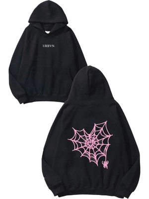 Urbvn Spider Heart Tasarım Baskılı Oversize Siyah Kapüşonlu Sweatshirt