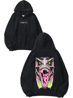 Urbvn Lightning Dinosour Tasarım Baskılı Oversize Siyah Kapüşonlu Sweatshirt
