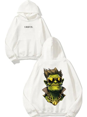 Urbvn Green Face Tasarım Baskılı Oversize Beyaz Kapüşonlu Sweatshirt