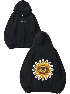 Urbvn Sun Eye Tasarım Baskılı Oversize Siyah Kapüşonlu Sweatshirt
