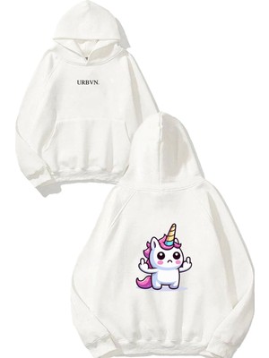 Urbvn Fck Unicorn Tasarım Baskılı Oversize Beyaz Kapüşonlu Sweatshirt