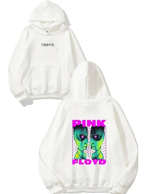 Urbvn Pink Floyd Yüz Tasarım Baskılı Oversize Beyaz Kapüşonlu Sweatshirt
