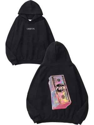 Urbvn Pink Dollar Tasarım Baskılı Oversize Siyah Kapüşonlu Sweatshirt