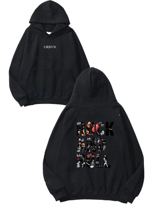 Urbvn Rock And Roll Tasarım Baskılı Oversize Siyah Kapüşonlu Sweatshirt