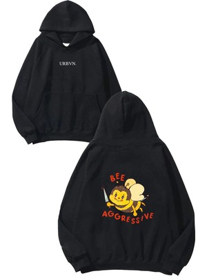 Urbvn Bee Tasarım Baskılı Oversize Siyah Kapüşonlu Sweatshirt