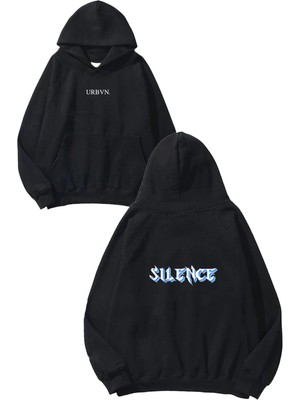 Urbvn Silence Tasarım Baskılı Oversize Siyah Kapüşonlu Sweatshirt