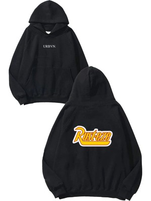 Urbvn Rusteze Tasarım Baskılı Oversize Siyah Kapüşonlu Sweatshirt