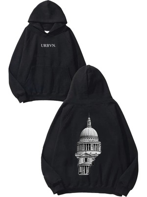 Urbvn Kubbe Tasarım Baskılı Oversize Siyah Kapüşonlu Sweatshirt